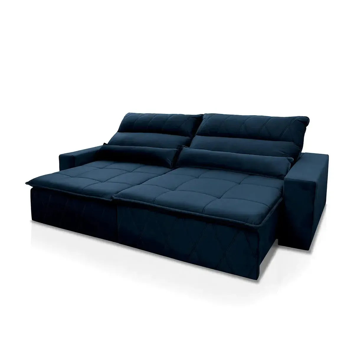 Sofá retrátil reclinável Amsterdam 2,10m em suede velut azul marinho com molas no assento.