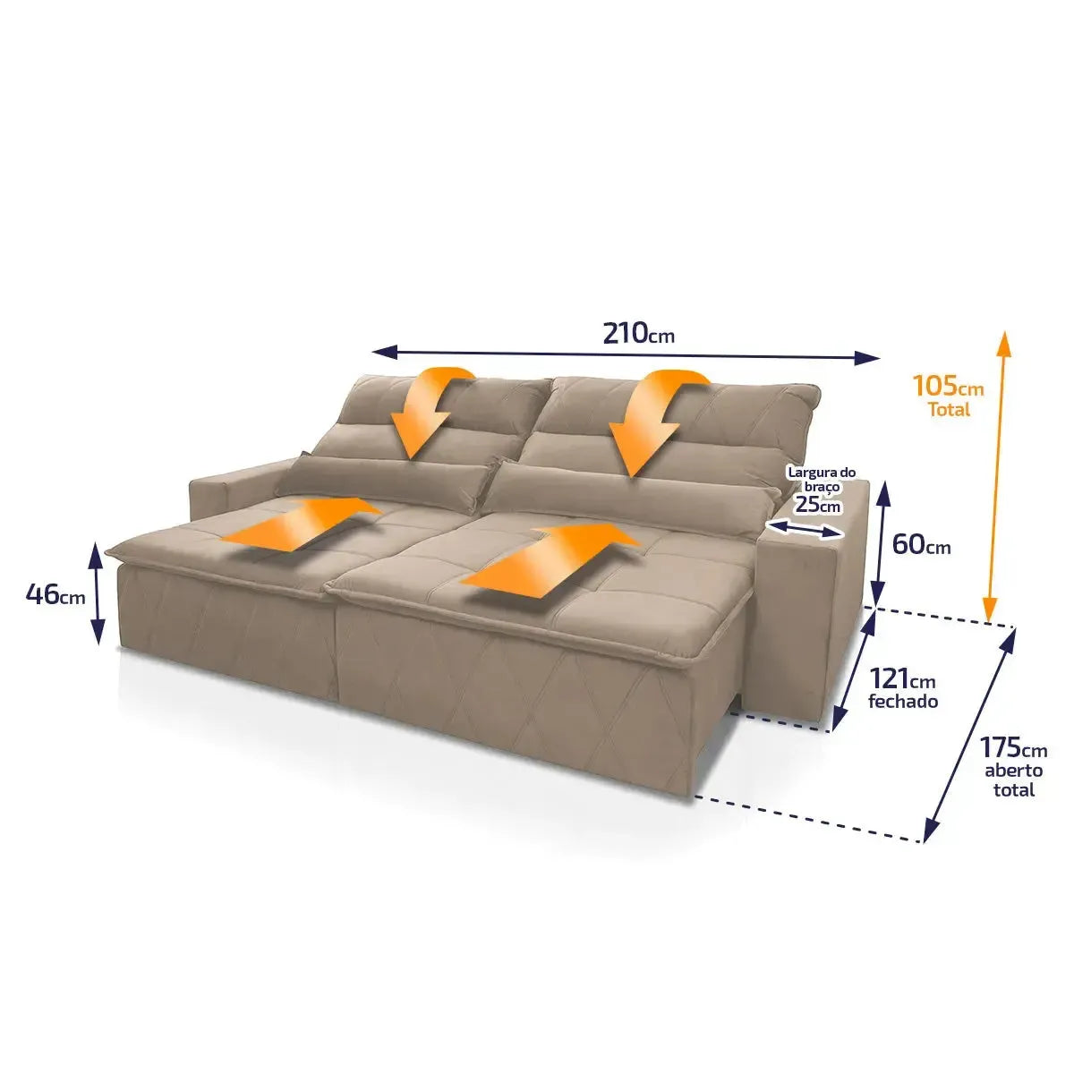 Sofá retrátil reclinável Amsterdam 2,10m em suede velut bege com molas e dimensões detalhadas.