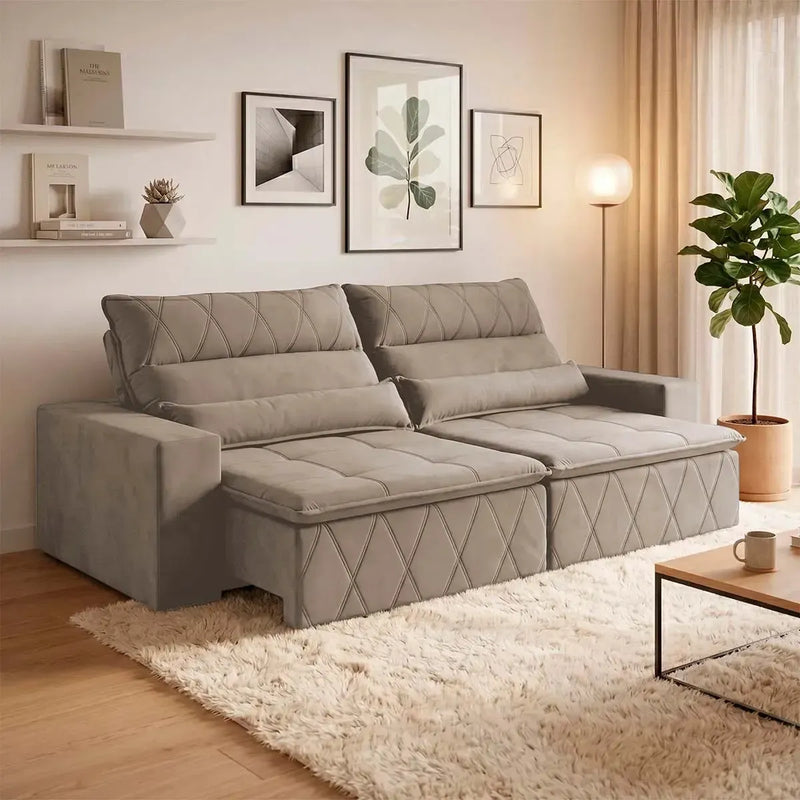 Sofá retrátil reclinável Amsterdam 2,10m em suede velut bege com molas e design moderno.