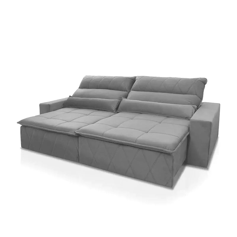 Sofá retrátil reclinável Amsterdam 2,10m em Suede Velut cinza com molas no assento.