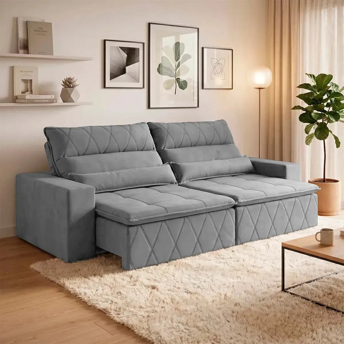 Sofá retrátil reclinável Amsterdam 2,10m em suede velut cinza com molas no assento.