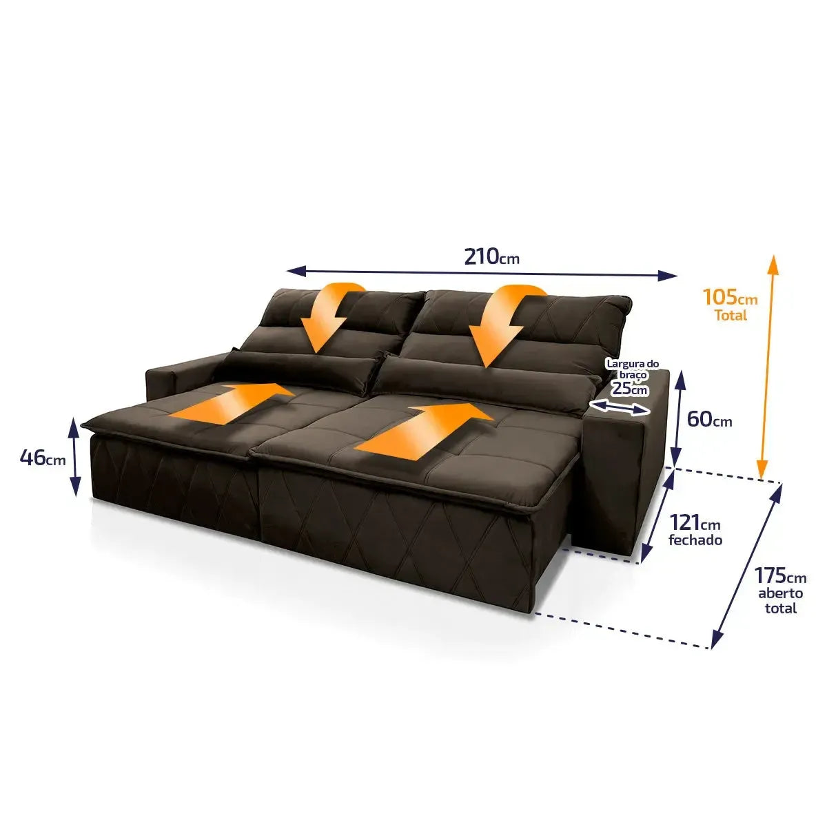 Sofá retrátil reclinável Amsterdam 2,10m em suede velut marrom com molas no assento e dimensões detalhadas.