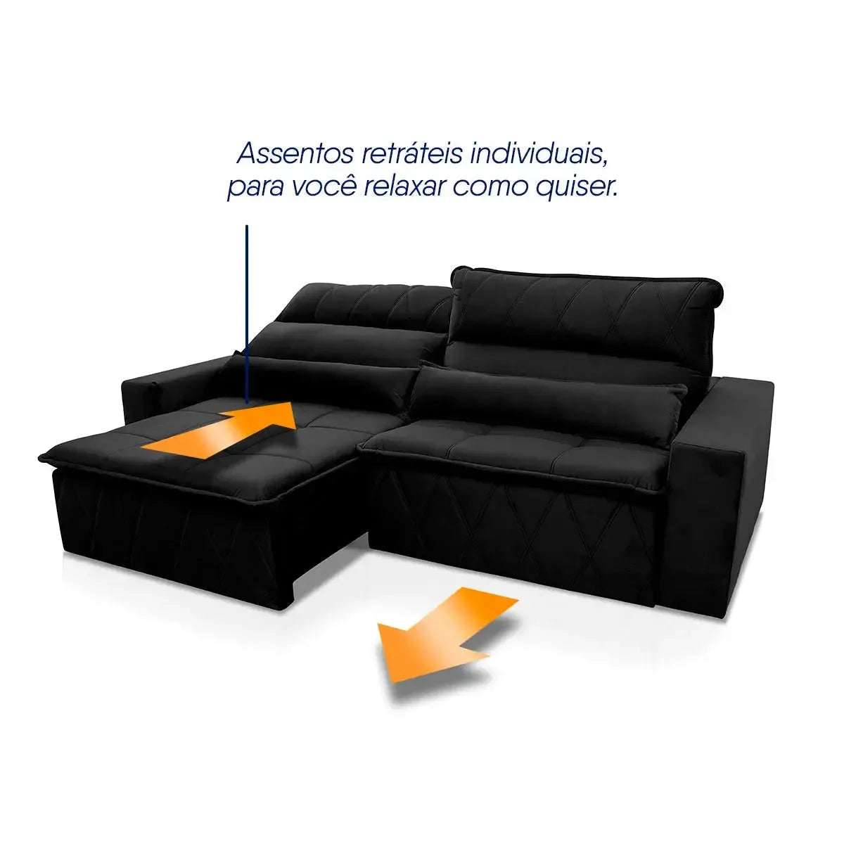 Sofá retrátil reclinável Amsterdam preto em suede velut com assentos individuais.