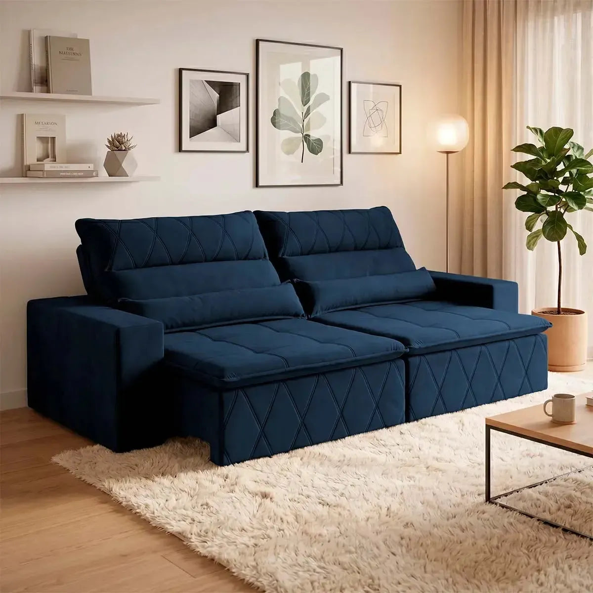 Sofá retrátil reclinável Amsterdam 2,30m em Suede Velut Azul Marinho com molas no assento.