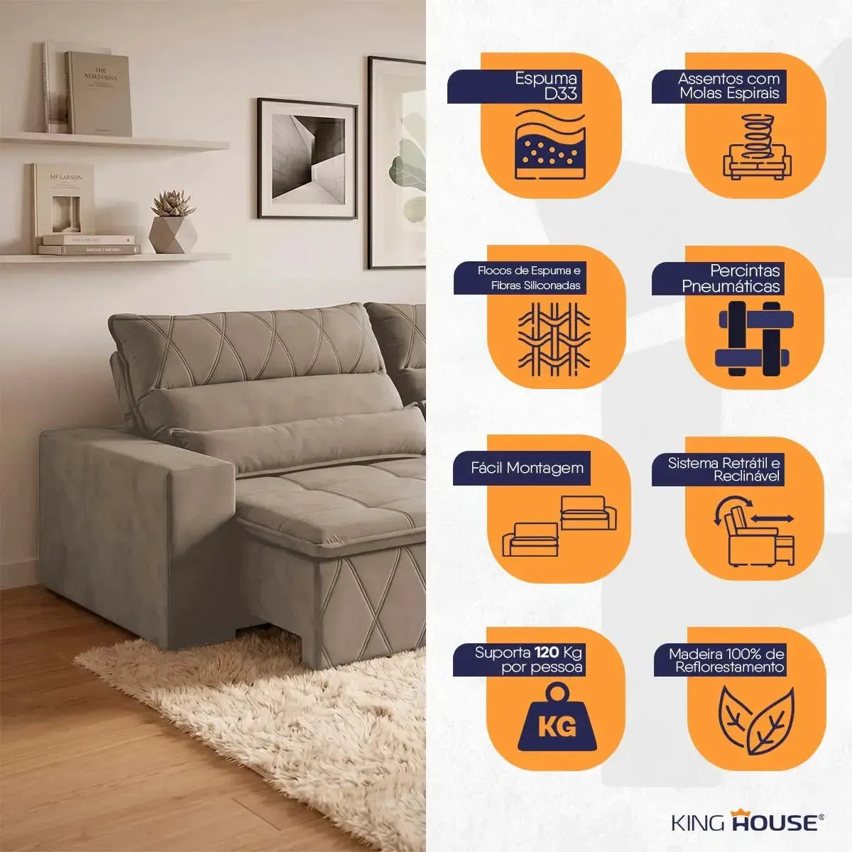 Sofá retrátil reclinável Amsterdam 2,30m em suede velut bege, com molas no assento e design moderno.