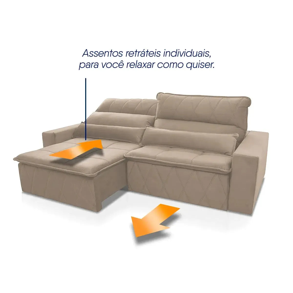 Sofá retrátil reclinável Amsterdam 2,30m em suede velut bege com assentos individuais.