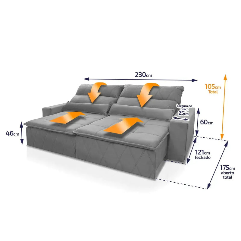 Sofá retrátil reclinável Amsterdam 2,30m em suede velut cinza com molas, mostrando dimensões.