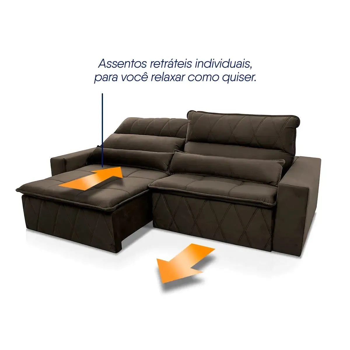 Sofá retrátil reclinável Amsterdam 2,30m em suede velut marrom com molas no assento.