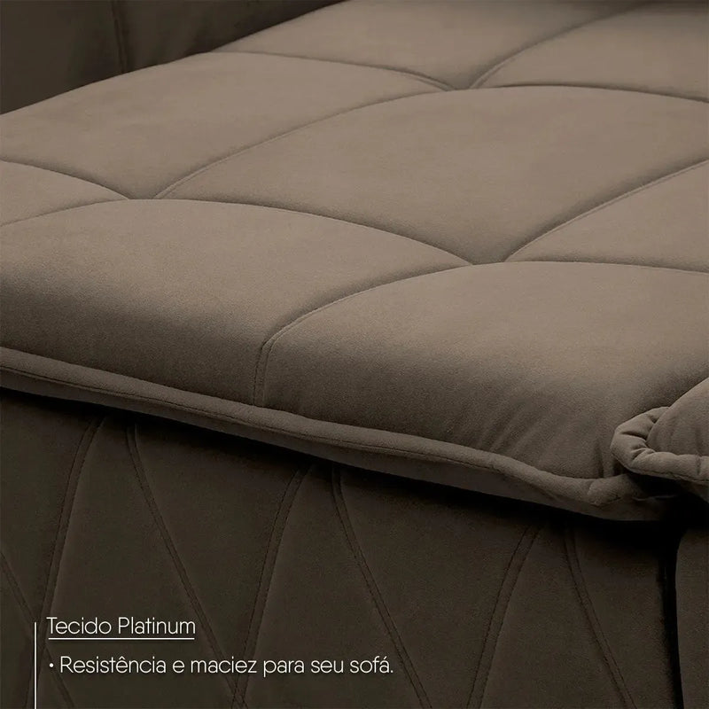 Sofá retrátil reclinável Amsterdam marrom em suede velut com molas no assento, detalhe do tecido Platinum.