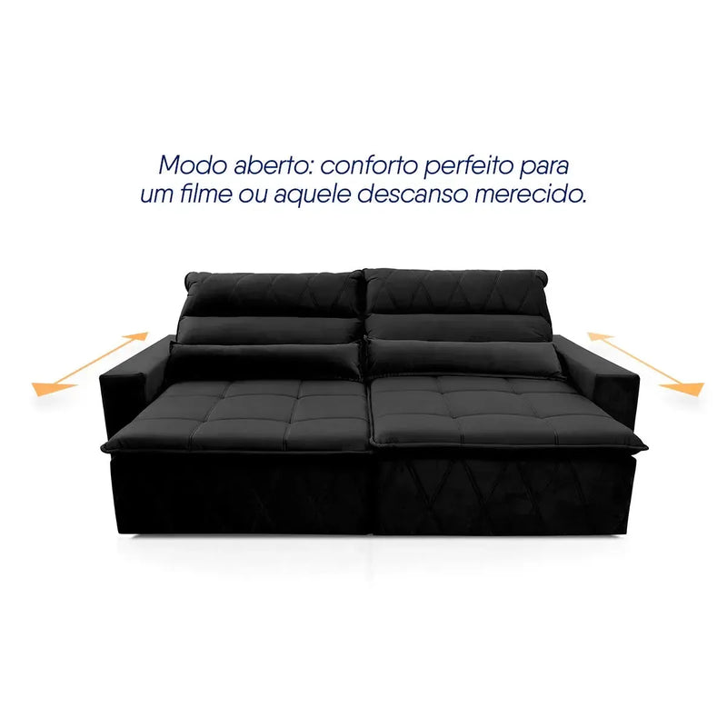 Sofá retrátil reclinável Amsterdam 2,30m em suede velut preto, com assento estendido.