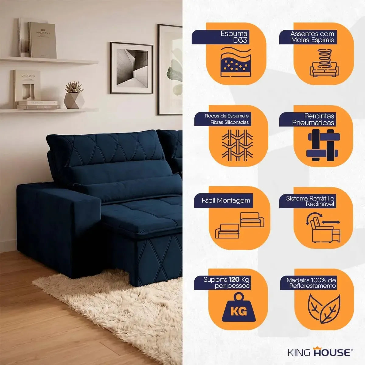 Sofá retrátil reclinável Amsterdam 2,50m em suede velut azul marinho com molas no assento.