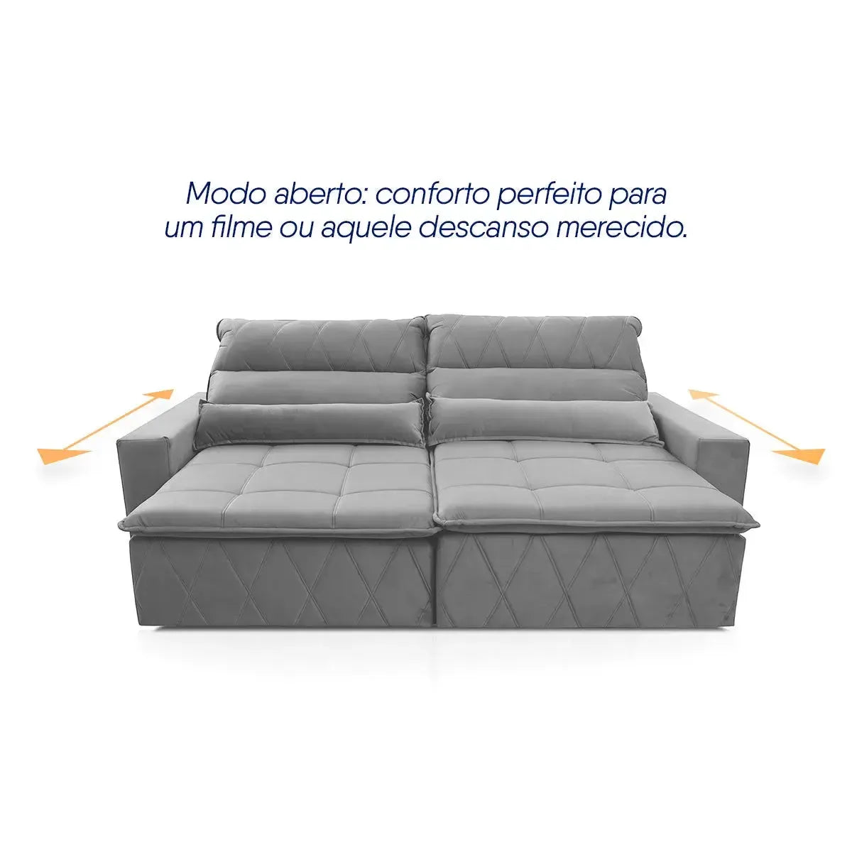 Sofá retrátil reclinável Amsterdam cinza em suede velut com assentos estendidos.
