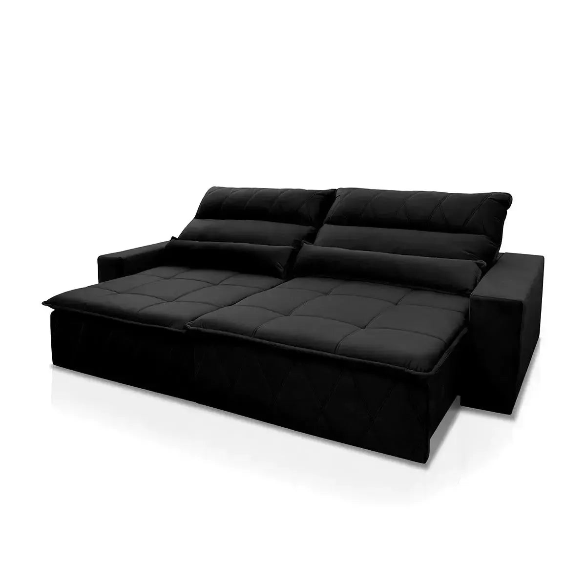 Sofá retrátil reclinável Amsterdam 2,50m em Suede Velut preto com molas no assento.