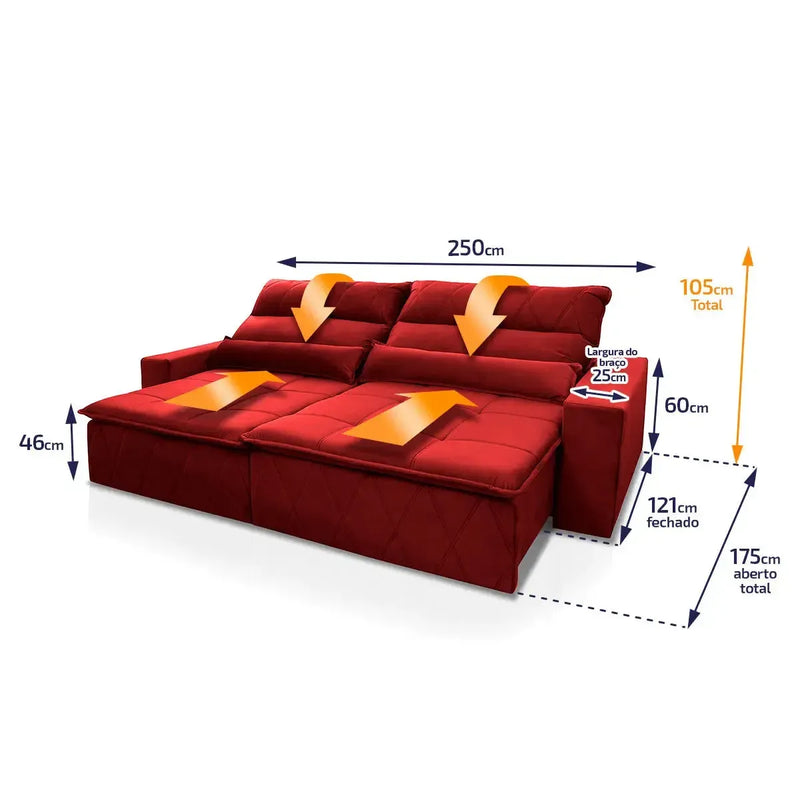 Sofá retrátil reclinável Amsterdam 2,50m em suede velut vermelho com molas no assento e dimensões detalhadas.