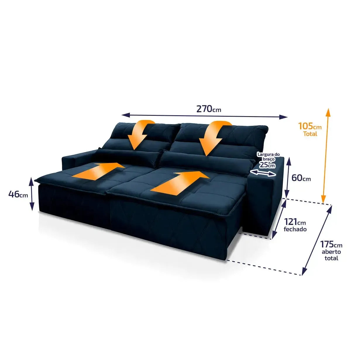Sofá retrátil reclinável Amsterdam 2,70m em suede velut azul marinho com molas e dimensões detalhadas.