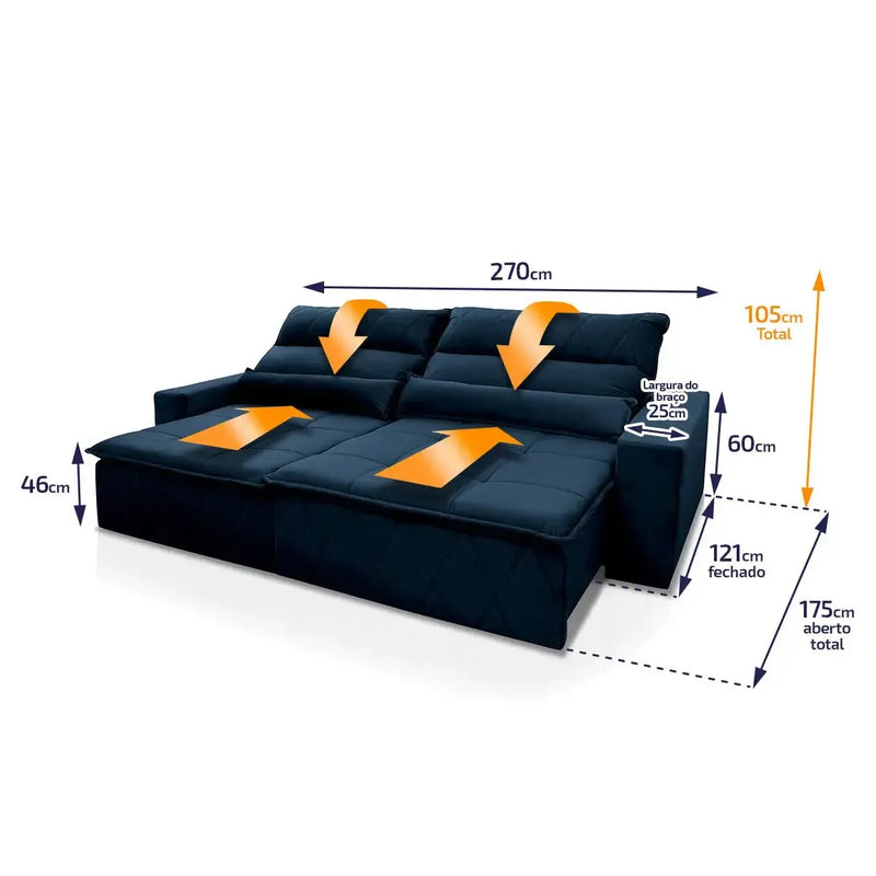 Sofá retrátil reclinável Amsterdam 2,70m em suede velut azul marinho com molas e dimensões detalhadas.