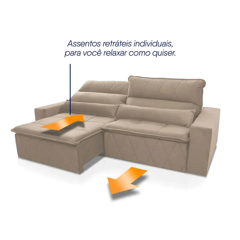 Sofá retrátil reclinável Amsterdam 2,70m em suede velut bege com assentos individuais.