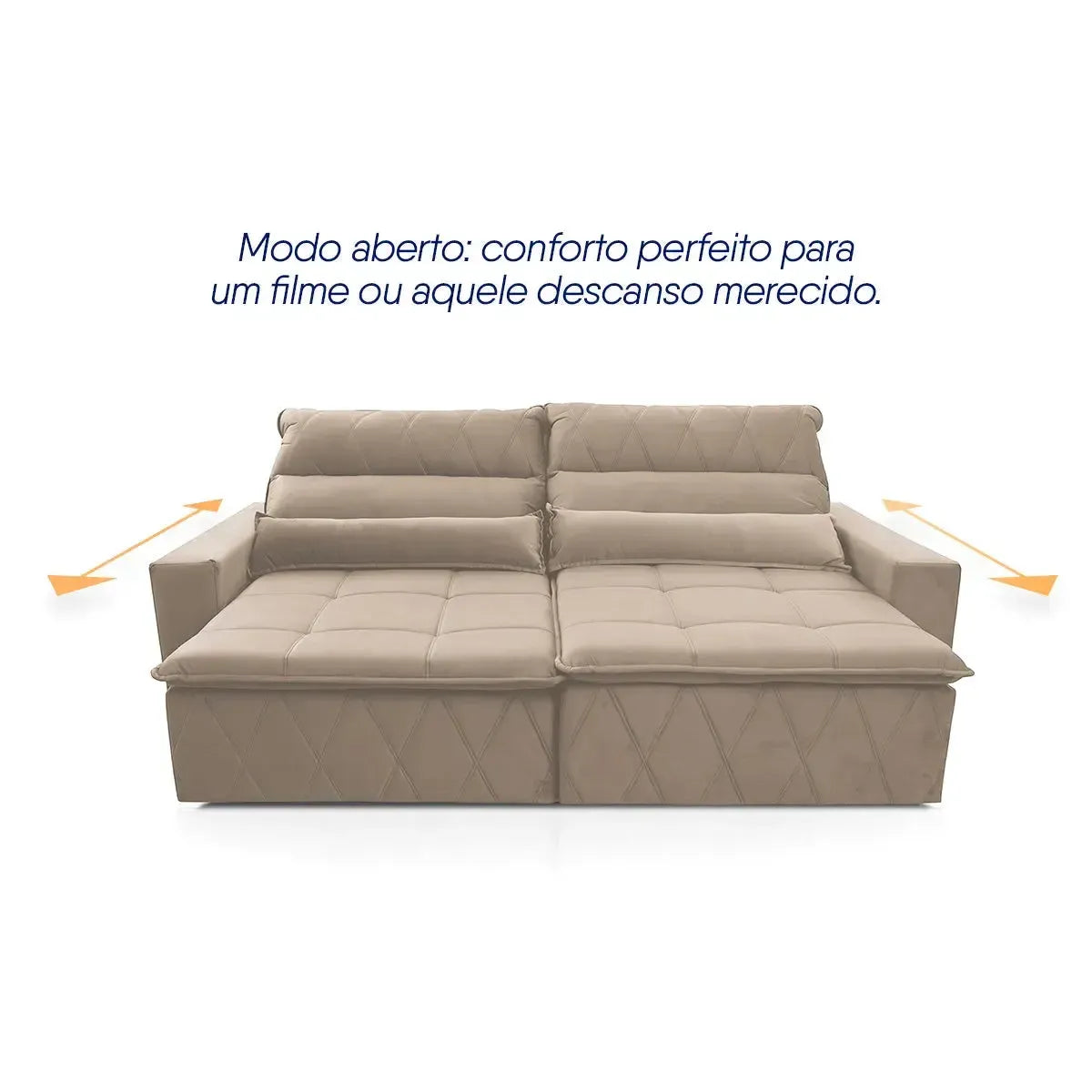 Sofá retrátil reclinável Amsterdam 2,70m em Suede Velut Bege, com assentos estendidos para conforto.