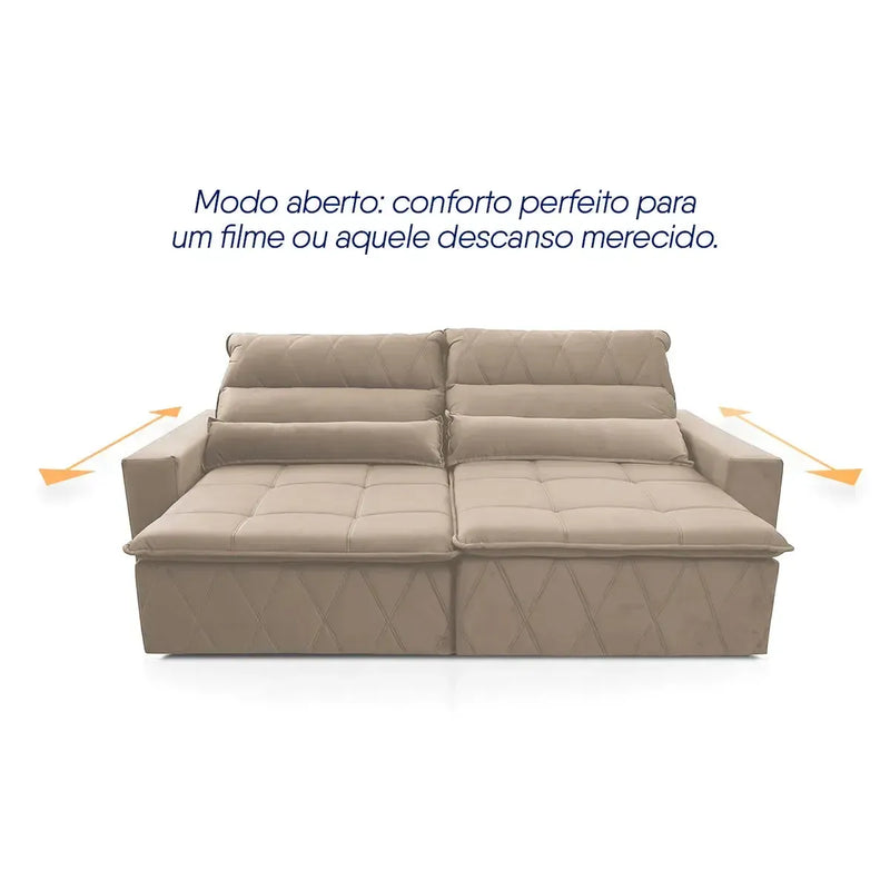 Sofá retrátil reclinável Amsterdam 2,70m em Suede Velut Bege, com assentos estendidos para conforto.