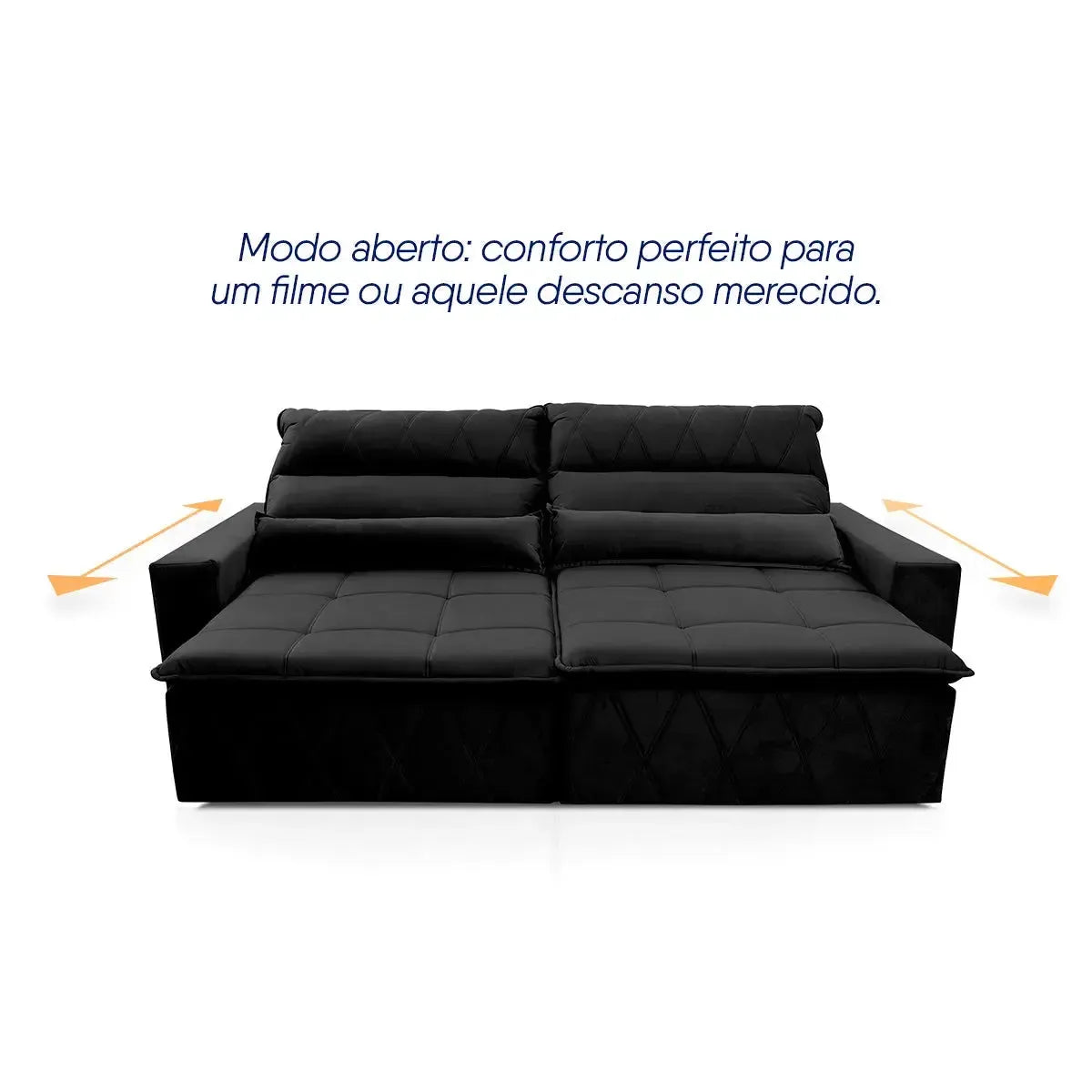 Sofá retrátil reclinável Amsterdam preto em suede velut, com assento estendido para conforto.