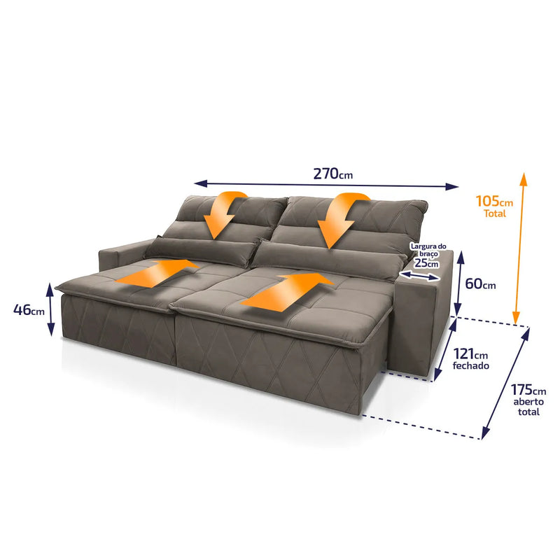 Sofá Retrátil Reclinável Amsterdam 2,70m Suede Velut Tabaco Molas no Assento