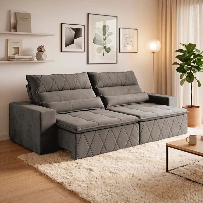 Sofá Retrátil Reclinável Amsterdam 2,70m Suede Velut Tabaco Molas no Assento