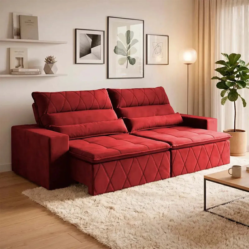 Sofá retrátil reclinável Amsterdam 2,70m em suede velut vermelho com molas, em sala moderna.