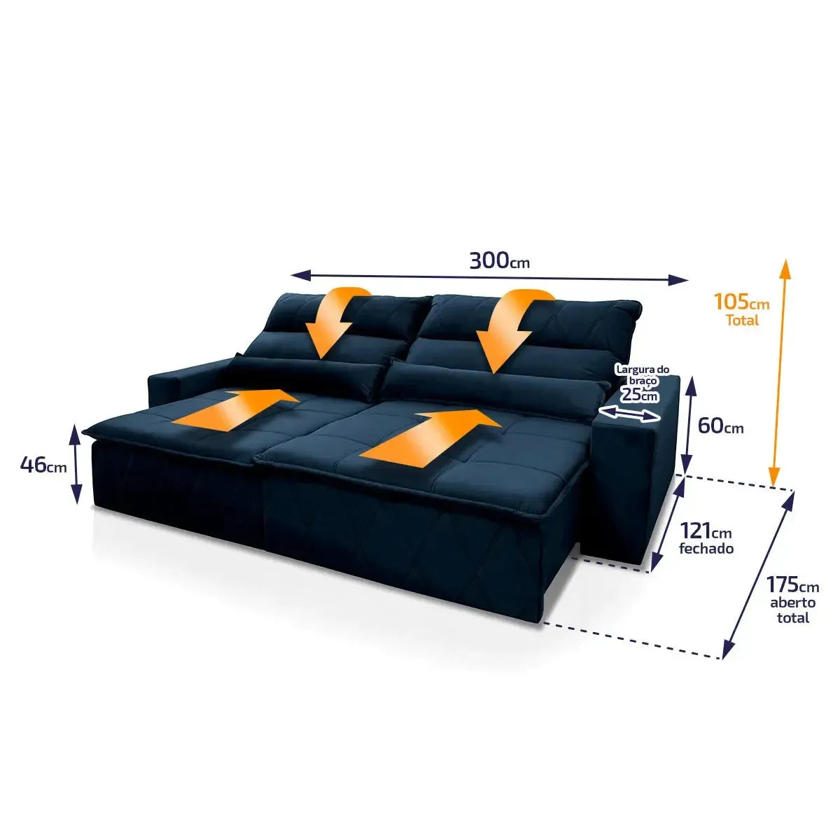 Sofá retrátil reclinável Amsterdam 3,00m em suede velut azul marinho com dimensões detalhadas.