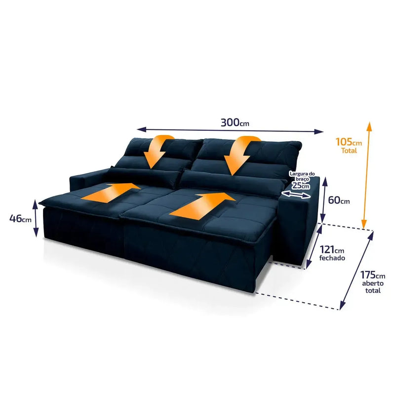 Sofá retrátil reclinável Amsterdam 3,00m em suede velut azul marinho com dimensões detalhadas.