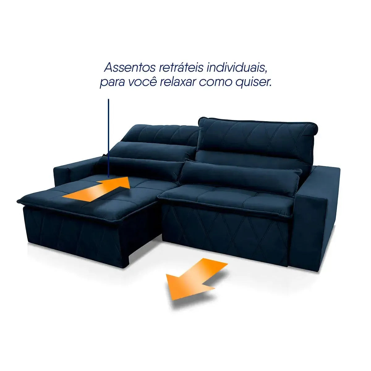 Sofá retrátil reclinável Amsterdam 3,00m em Suede Velut azul marinho com assentos individuais.