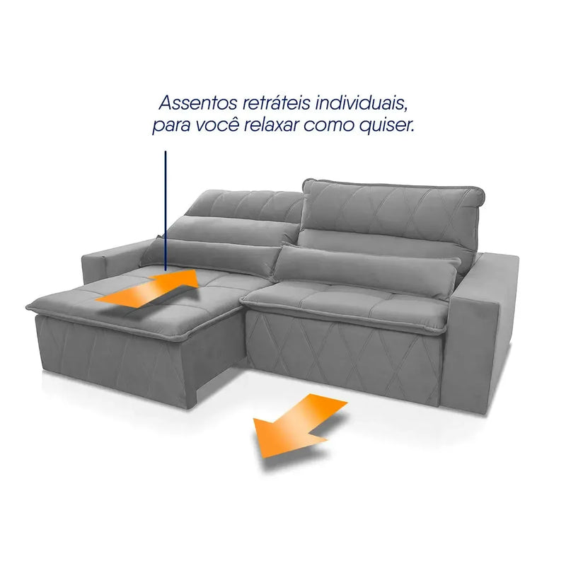 Sofá retrátil reclinável Amsterdam 3,00m em suede velut cinza com assentos individuais e molas.