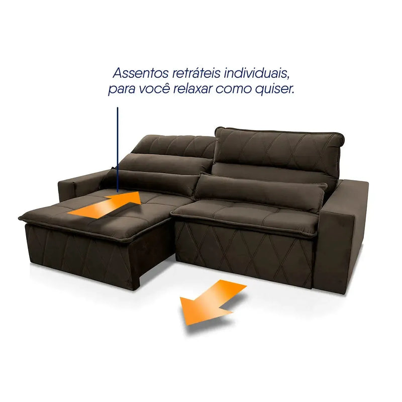 Sofá retrátil reclinável Amsterdam 3,00m em suede velut marrom com assentos individuais.