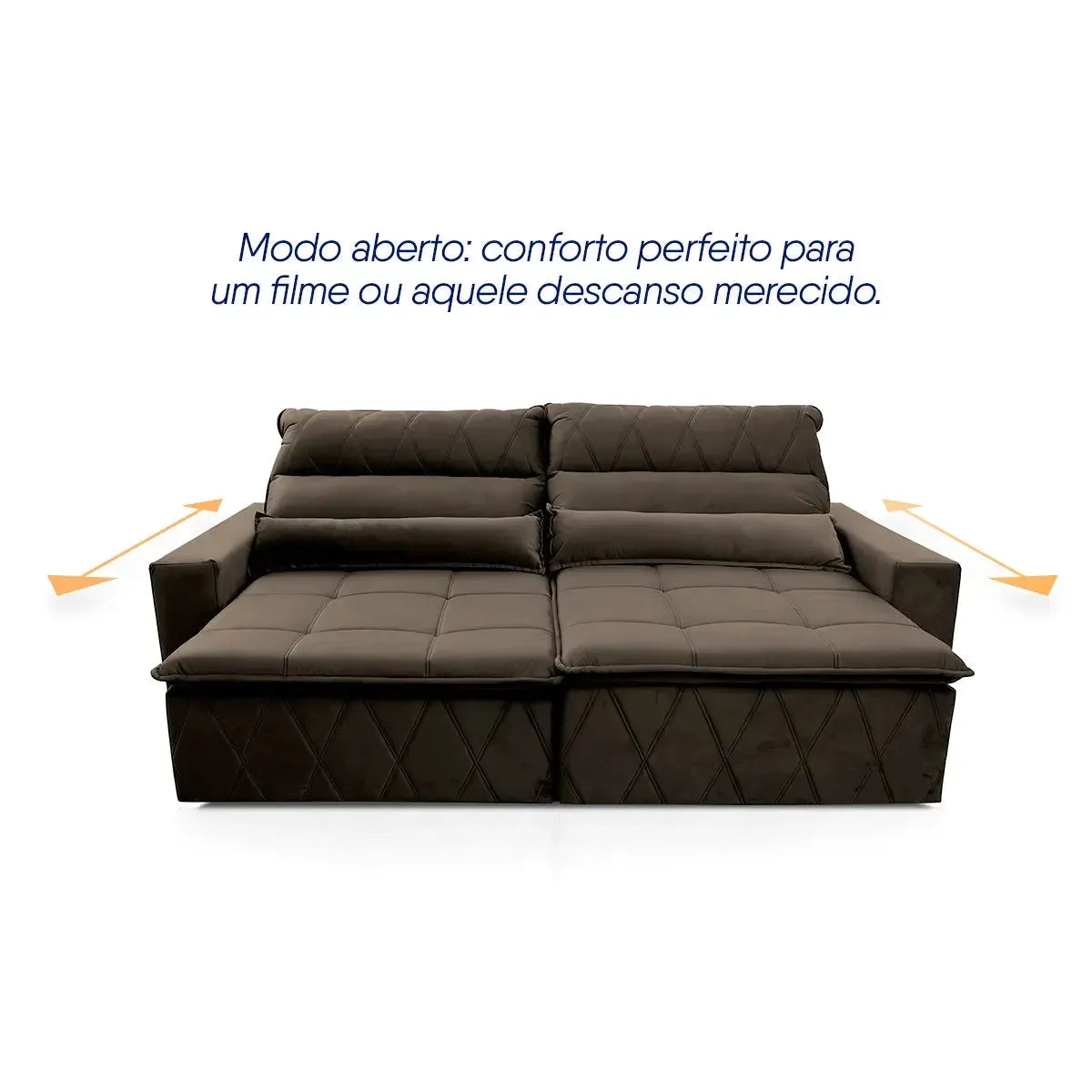Sofá retrátil reclinável Amsterdam 3,00m em suede velut marrom, com assentos estendidos.