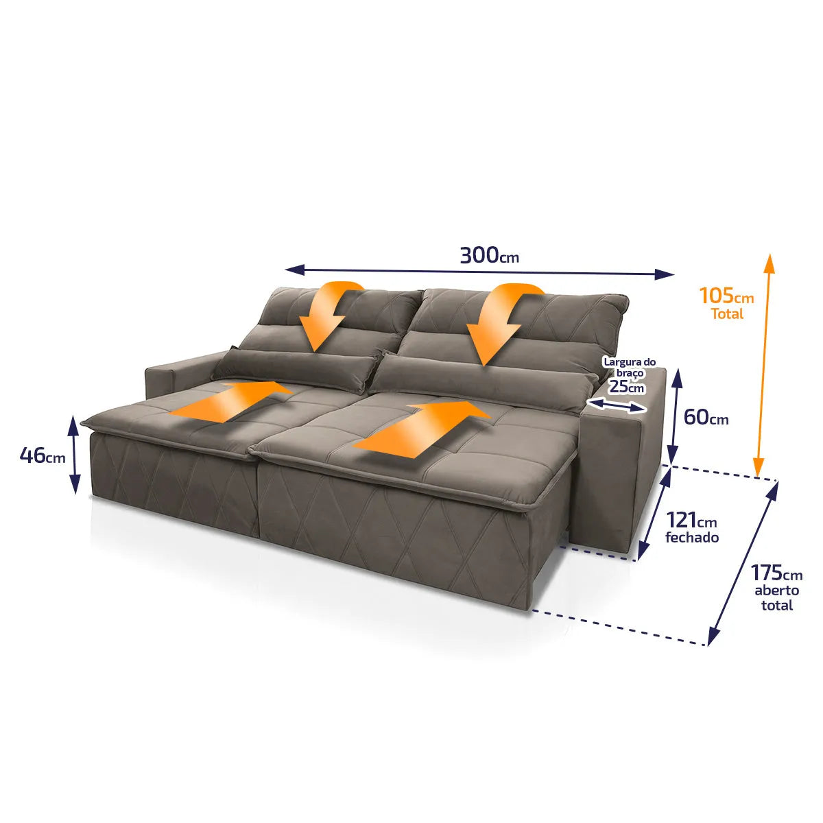 Sofá Retrátil Reclinável Amsterdam 3,00m Suede Velut Tabaco Molas no Assento
