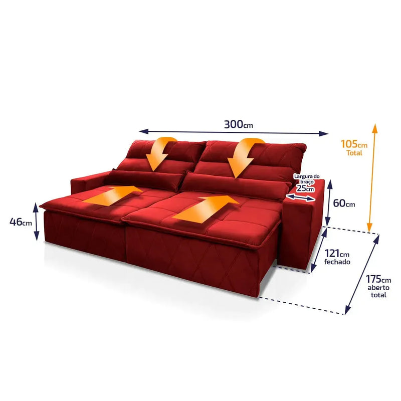 Sofá retrátil reclinável Amsterdam 3,00m em suede velut vermelho com molas e dimensões.