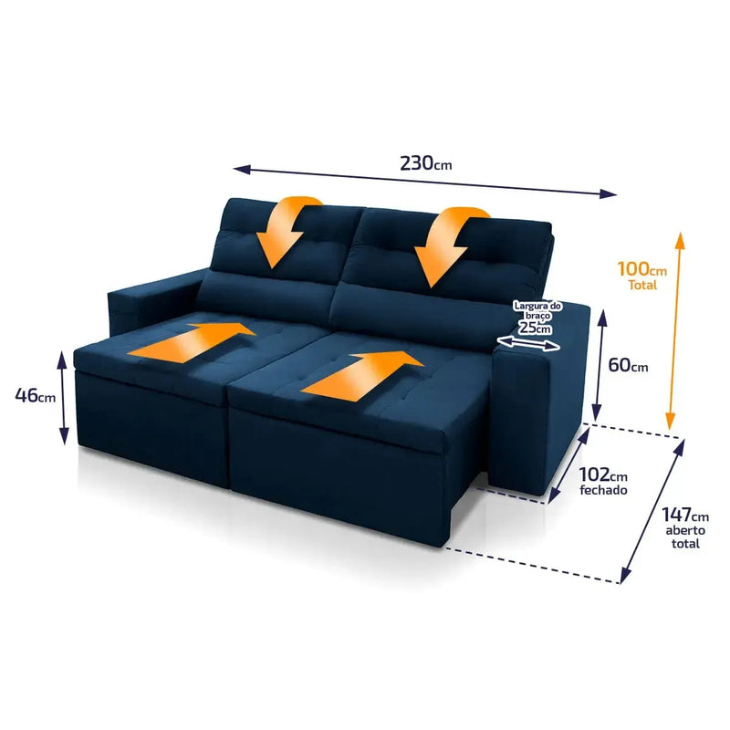 Sofá Retrátil Reclinável Arizona 2,30m Suede Velut Azul Marinho