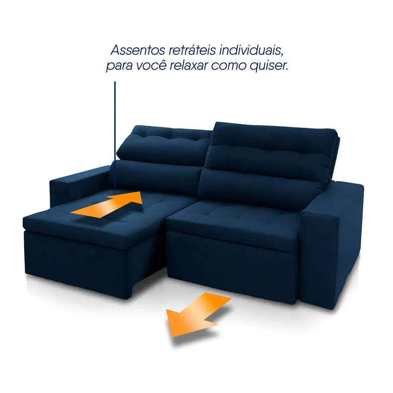 Sofá Retrátil Reclinável Arizona 2,30m Suede Velut Azul Marinho