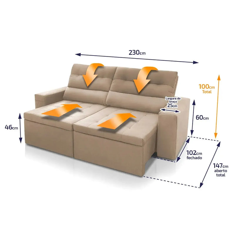 Sofá Retrátil Reclinável Arizona 2,30m Suede Velut Bege