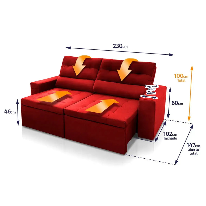 Sofá Retrátil Reclinável Arizona 2,30m Suede Velut Vermelho