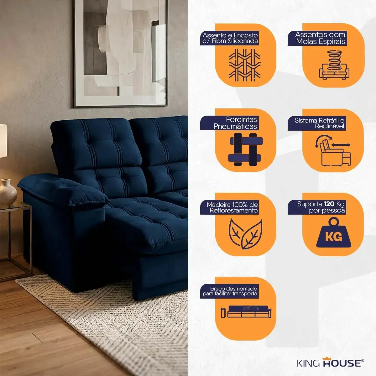 Sofá Retrátil Reclinável Atenas 2,30m Suede Velut Azul Marinho Molas no Assento