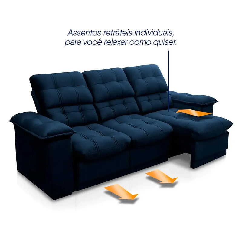 Sofá Retrátil Reclinável Atenas 2,30m Suede Velut Azul Marinho Molas no Assento