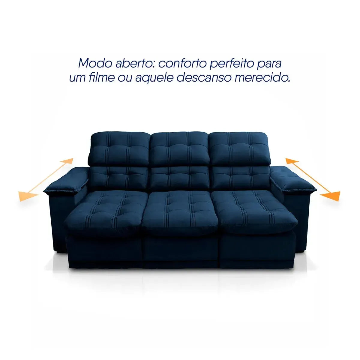Sofá Retrátil Reclinável Atenas 2,30m Suede Velut Azul Marinho Molas no Assento