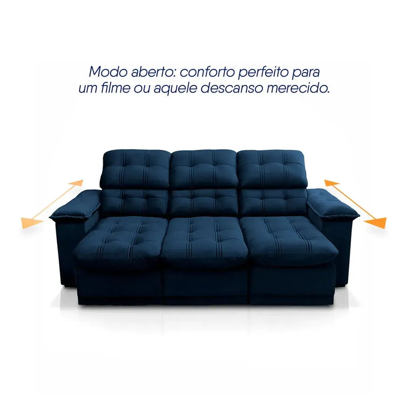 Sofá Retrátil Reclinável Atenas 2,30m Suede Velut Azul Marinho Molas no Assento