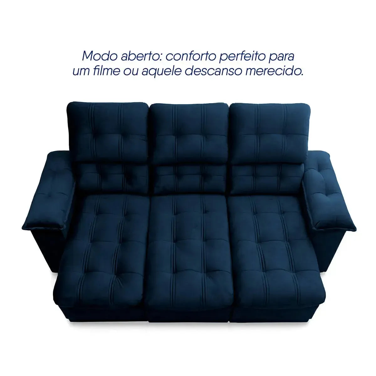 Sofá Retrátil Reclinável Atenas 2,30m Suede Velut Azul Marinho Molas no Assento