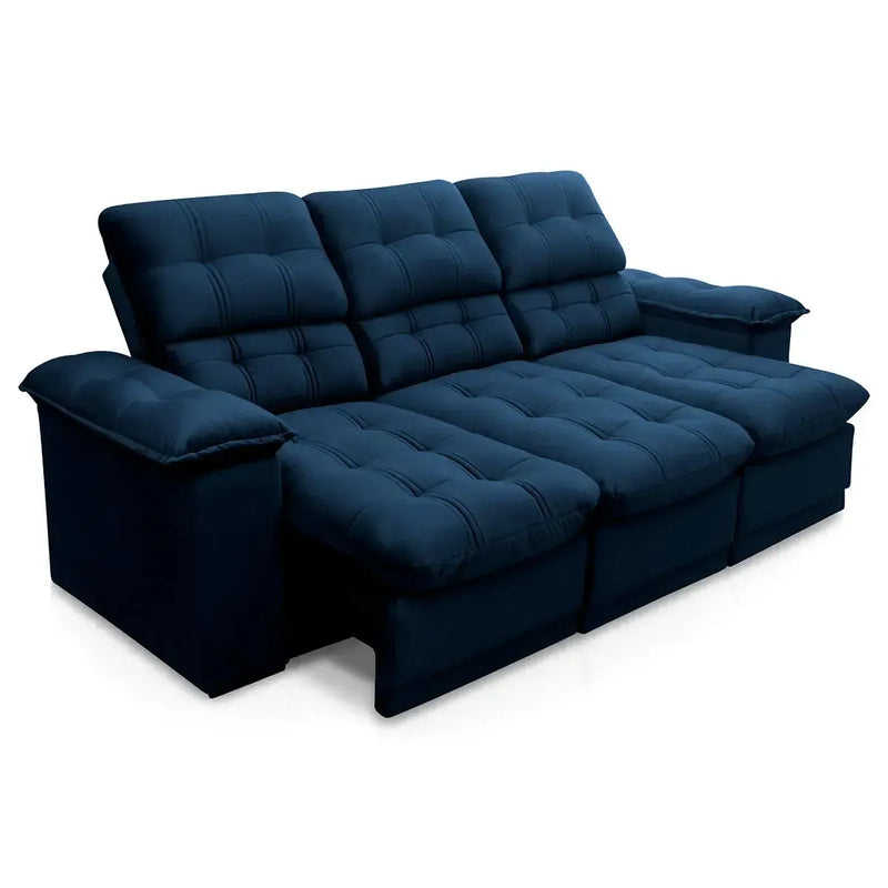 Sofá Retrátil Reclinável Atenas 2,30m Suede Velut Azul Marinho Molas no Assento