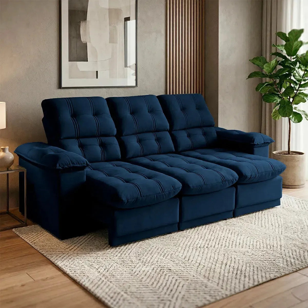 Sofá Retrátil Reclinável Atenas 2,30m Suede Velut Azul Marinho Molas no Assento