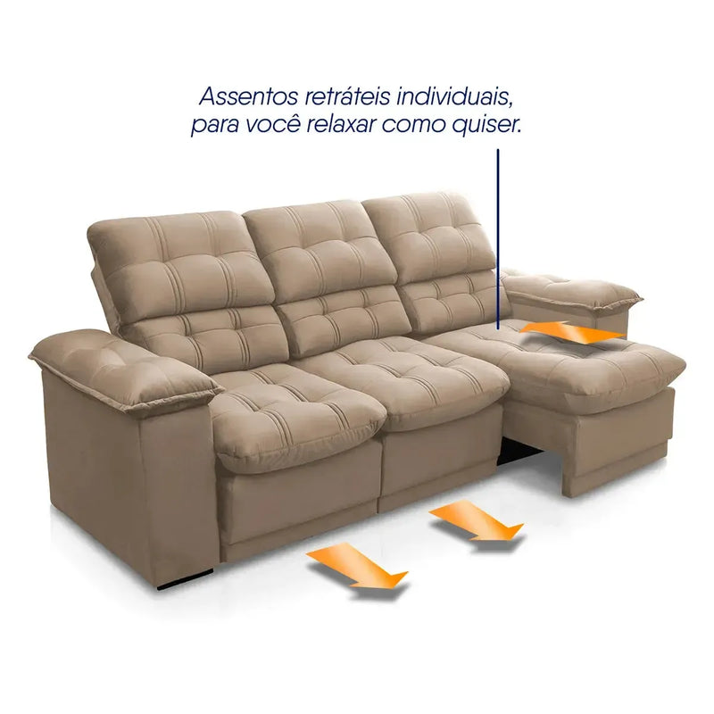 Sofá Retrátil Reclinável Atenas 2,30m Suede Velut Bege Molas no Assento