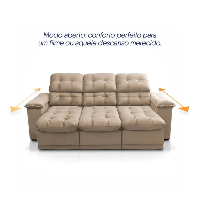 Sofá Retrátil Reclinável Atenas 2,30m Suede Velut Bege Molas no Assento
