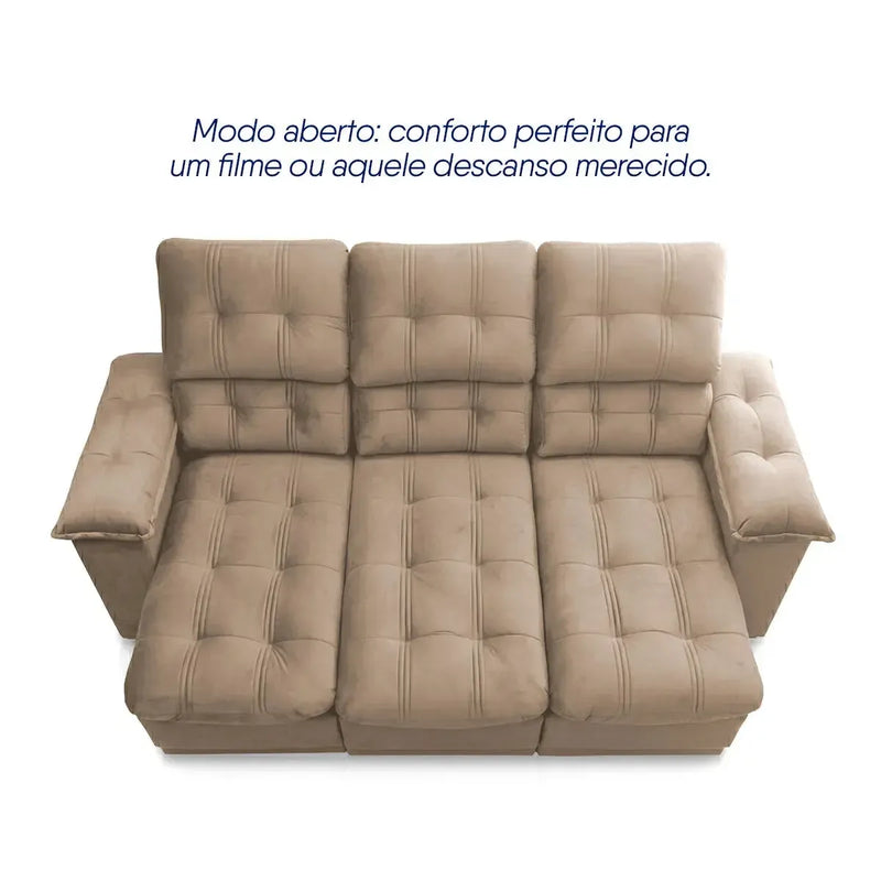 Sofá Retrátil Reclinável Atenas 2,30m Suede Velut Bege Molas no Assento
