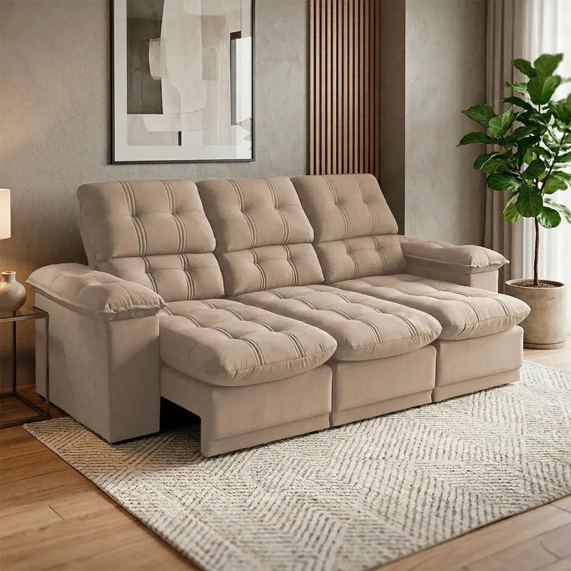 Sofá Retrátil Reclinável Atenas 2,30m Suede Velut Bege Molas no Assento
